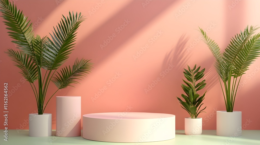 Minimalist Product Display: A clean and modern backdrop for showcasing your products. Soft pink walls and lush green plants create a serene and inviting atmosphere.