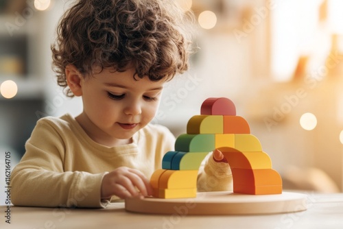 A child using colorful building blocks to solve a puzzle that tests spatial intelligence