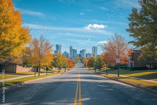 Autumnal city street scene with vibrant fall foliage leading to a skyline.