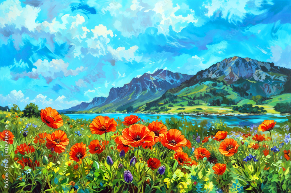 Vibrant poppy flowers in a scenic landscape under a bright sky Vibrant poppy flowers in a scenic landscape under a bright sky