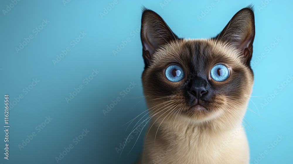 Siamese cat with striking blue eyes gazes curiously at camera Siamese cat with striking blue eyes gazes curiously at camera