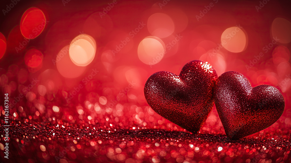 Two red glittery hearts on a red background with a bokeh effect Two red glittery hearts on a red background with a bokeh effect