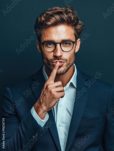 Young handsome business man asking to be quiet with finger on lips. Silence and secret concept.