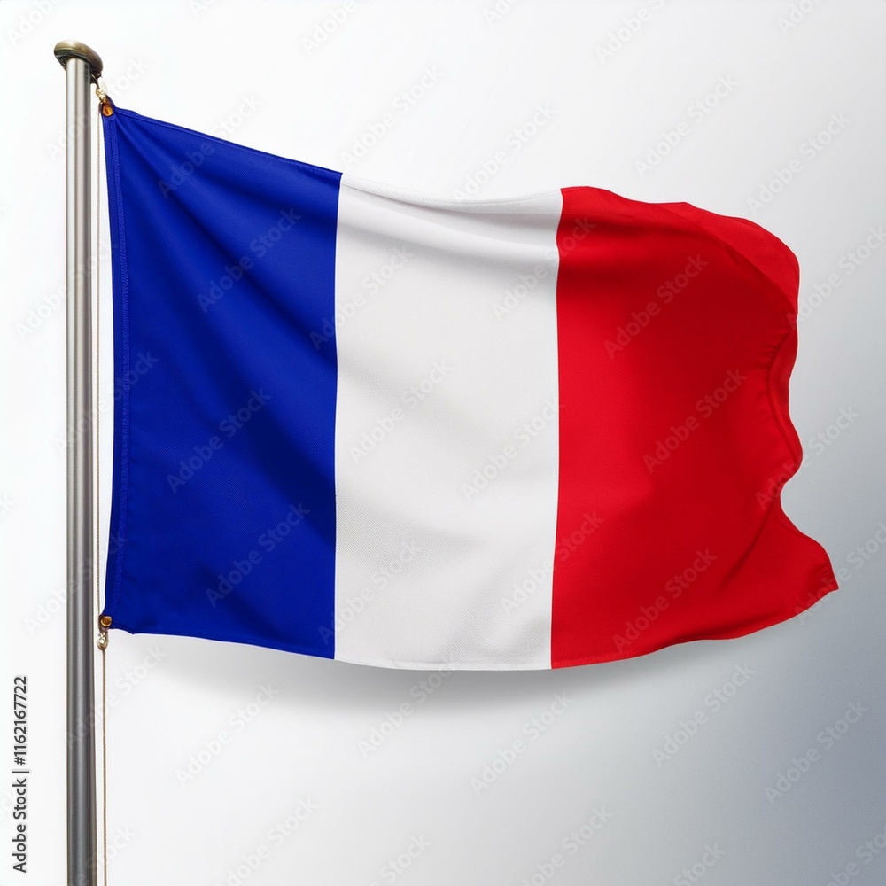 France’s iconic tricolor flag proudly displays its symbolic colors of blue, white, and red on a metallic pole.