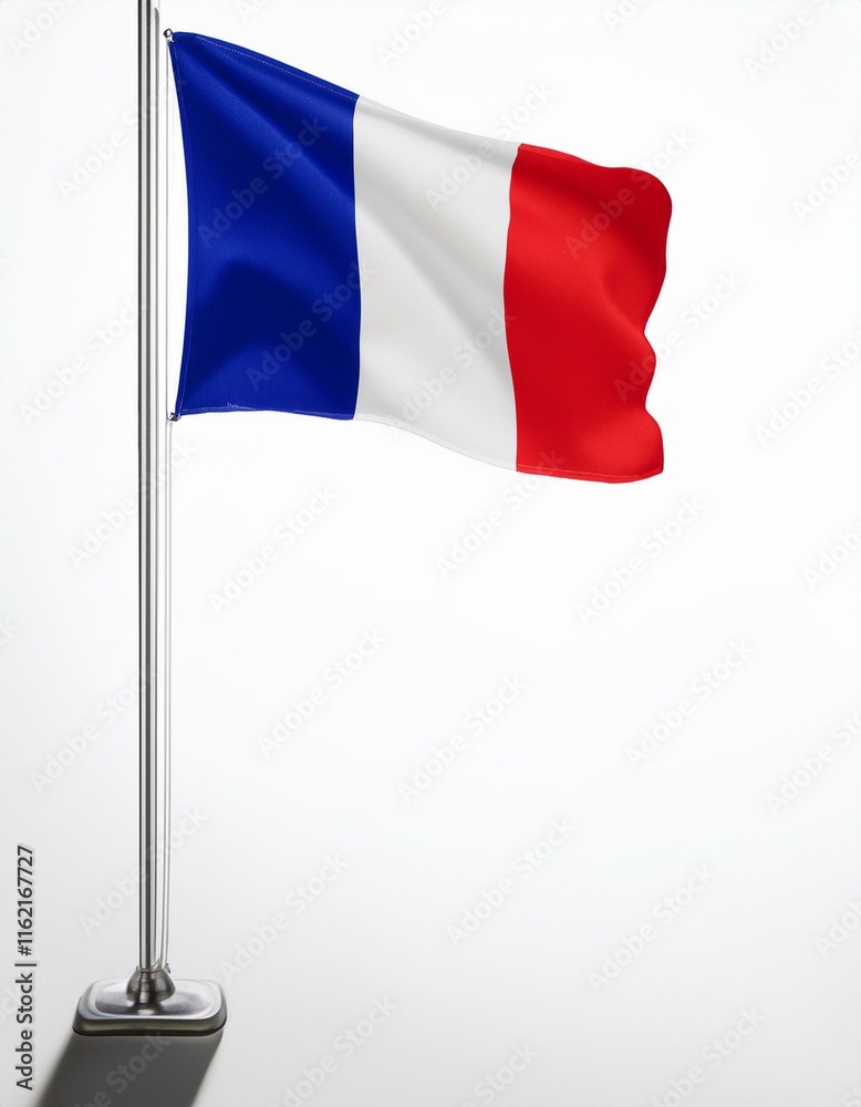 The elegant French tricolor flag, representing national pride, with its vibrant colors waving gently on a pole. The elegant French tricolor flag, representing national pride, with its vibrant colors waving gently on a pole.