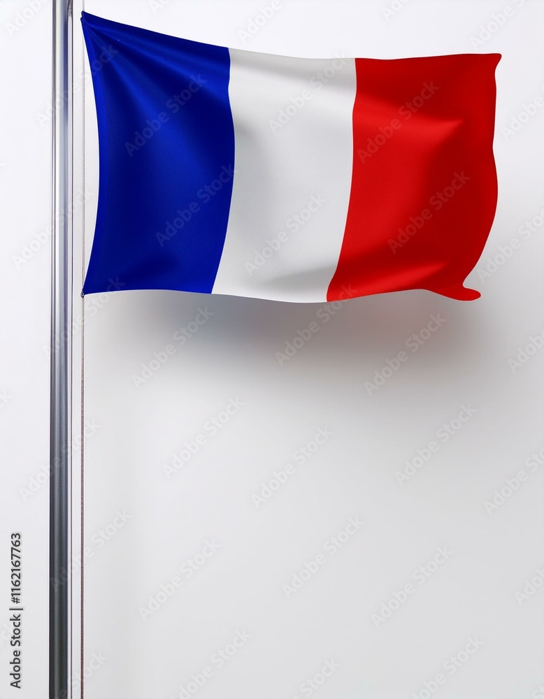 Fototapeta premium The French flag waves gracefully, showcasing its blue, white, and red stripes against a neutral backdrop.
