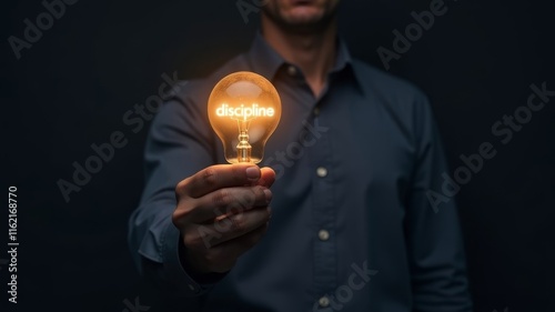 a man holds light bulbs in front of him in a dark room with discipline written on them