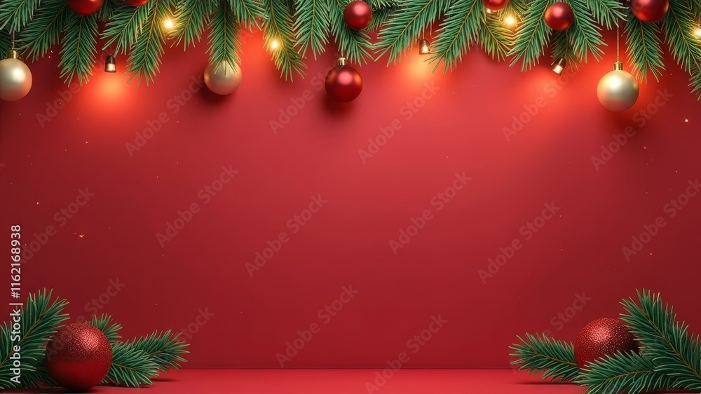 New Year's red background surrounded by New Year's decorations New Year's red background surrounded by New Year's decorations