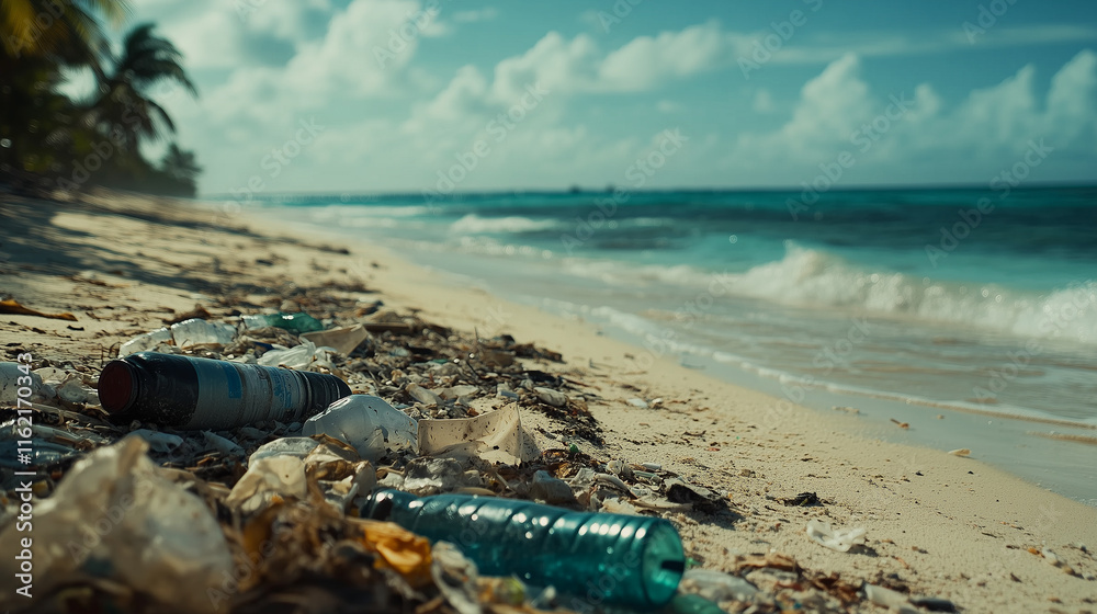 Polluted beach with plastic waste and bottles scattered on sand near ocean waves and palm trees Polluted beach with plastic waste and bottles scattered on sand near ocean waves and palm trees