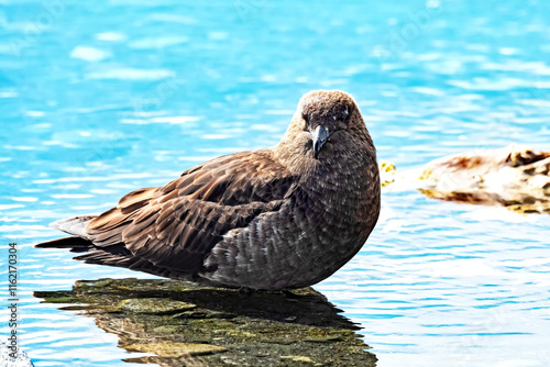 A Brown Skua, Stercorarius antarcticus, standing in water on Half Moon Island in the South Shetland Islands. photo