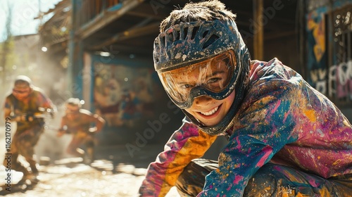 Paintball Kid Smiling, Action Shot, Colorful Paint Splatter, Helmet, Goggles, Fun, Adventure, Extreme Sport, Urban Setting