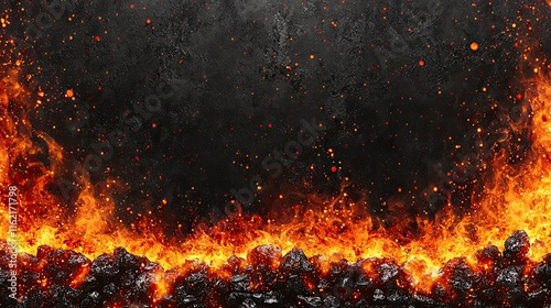 Burning hot coals creating a fiery frame on dark background