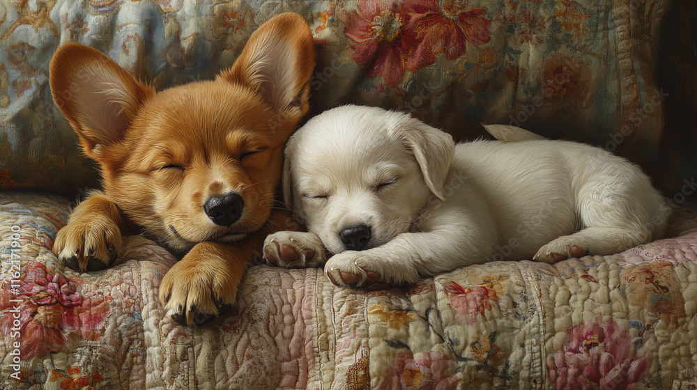 Fototapeta premium charming scene of brown Corgi and white Labrador sleeping peacefully