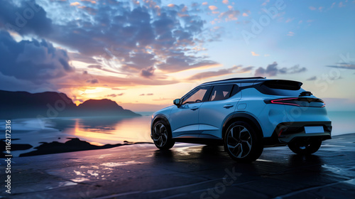new SUV, blue color with black details and white, the car is parked on an open road overlooking sea