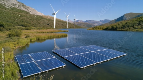 A futuristic wind farm and solar panels integrated into a lush green landscape, with glowing technology nodes symbolizing cutting-edge green innovations and renewable energy solutions photo