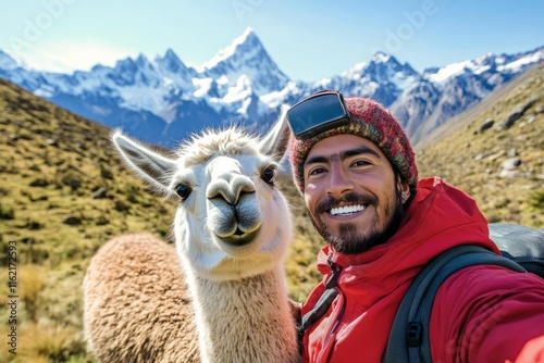 Young hiker taking a selfie with a funny llama in the mountains of the andes