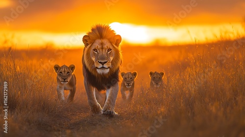 Majestic lion leading cubs at sunset in the wild nature scene