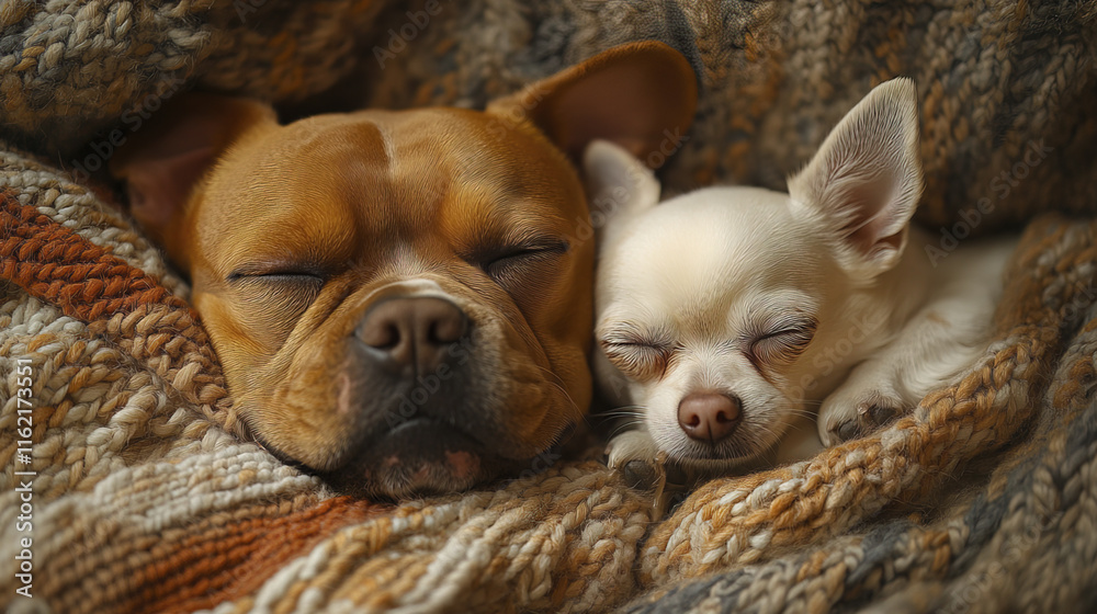 Cuddly brown bulldog and snowy white Chihuahua sleeping together peacefully Cuddly brown bulldog and snowy white Chihuahua sleeping together peacefully