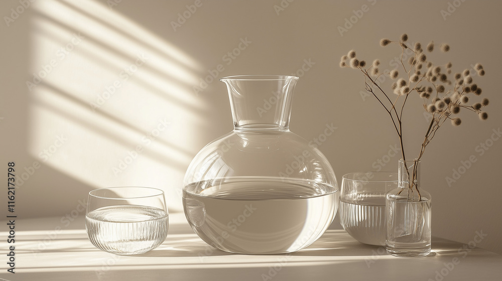 Elegant glassware with water and dried flowers on table, softly lit by natural light Elegant glassware with water and dried flowers on table, softly lit by natural light