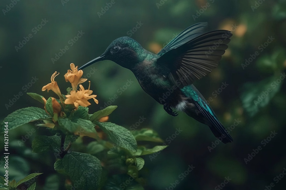 Fototapeta premium A hummingbird in mid-flight, sipping nectar from a vibrant flower