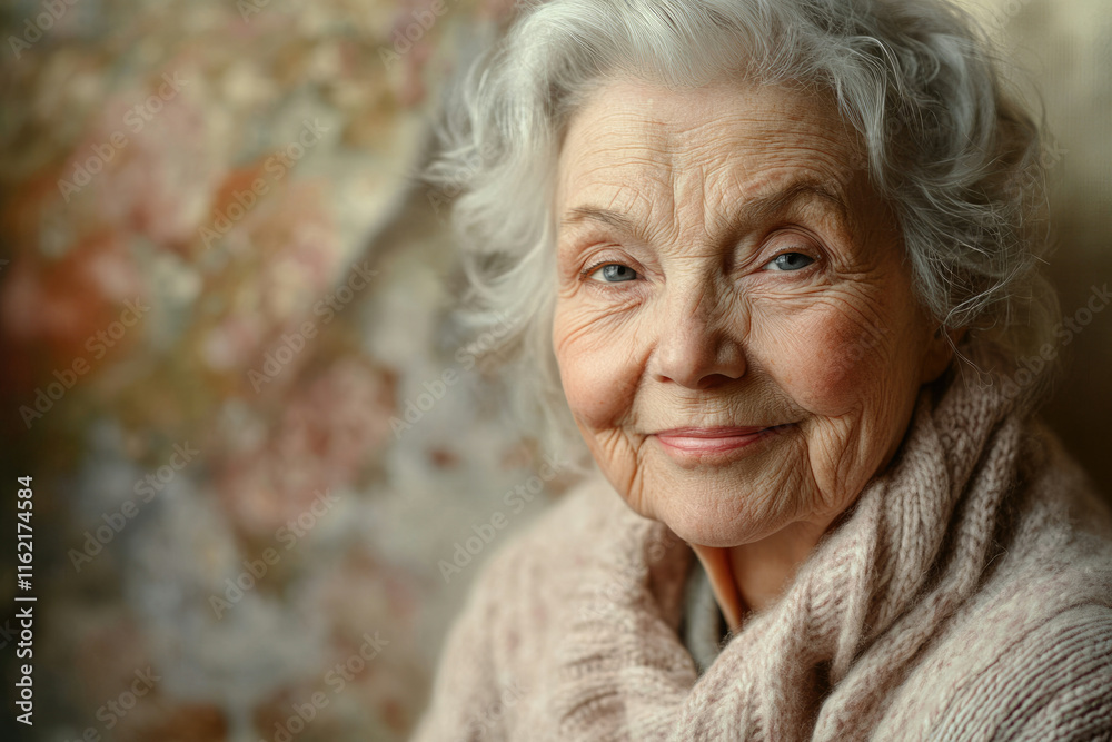 A portrait of a smiling elderly woman with silver hair, wearing a warm knitted sweater. A portrait of a smiling elderly woman with silver hair, wearing a warm knitted sweater.