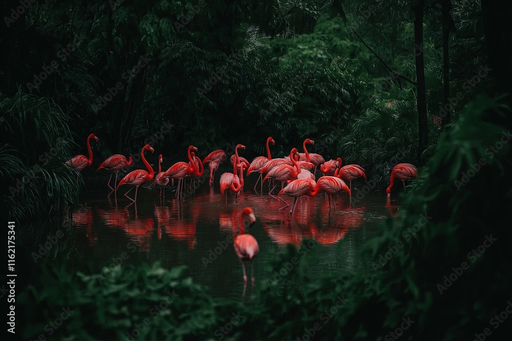 Naklejka premium A flock of flamingos wading gracefully through shallow water, their reflections mirroring them