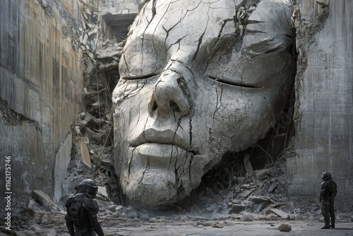 Surreal fragmented human face amidst a post apocalyptic urban landscape with futuristic observers photo