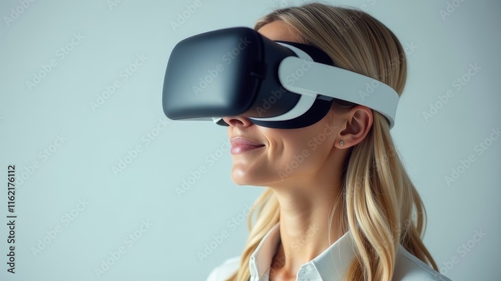 blonde woman in virtual reality glasses on gray background blonde woman in virtual reality glasses on gray background