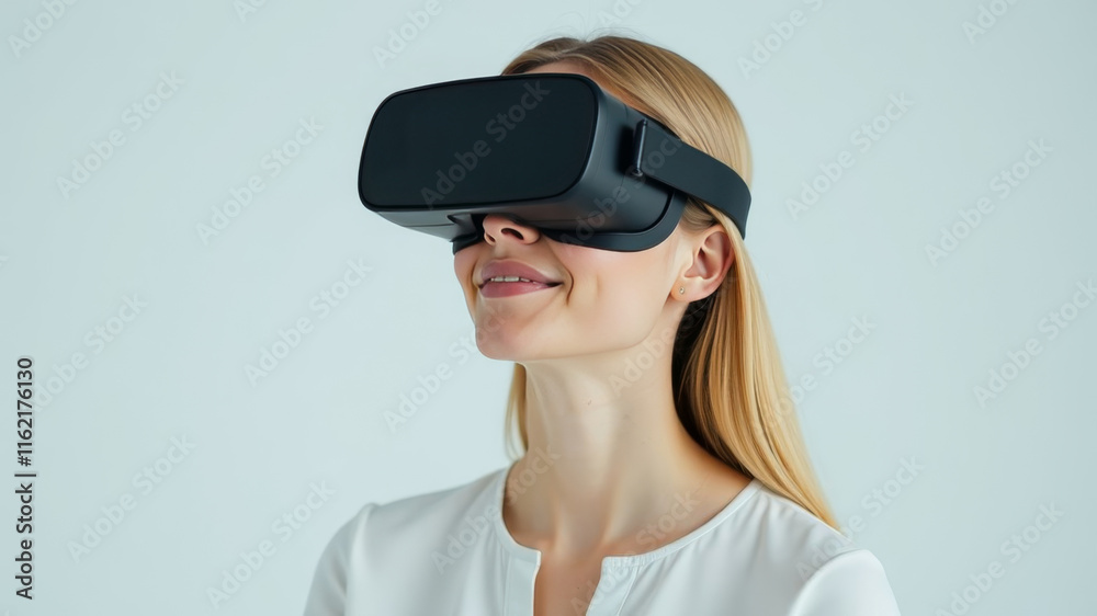blonde woman in virtual reality glasses on gray background blonde woman in virtual reality glasses on gray background
