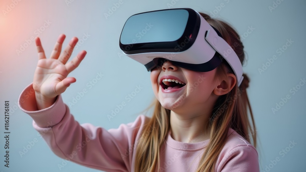 little happy girl in virtual reality glasses