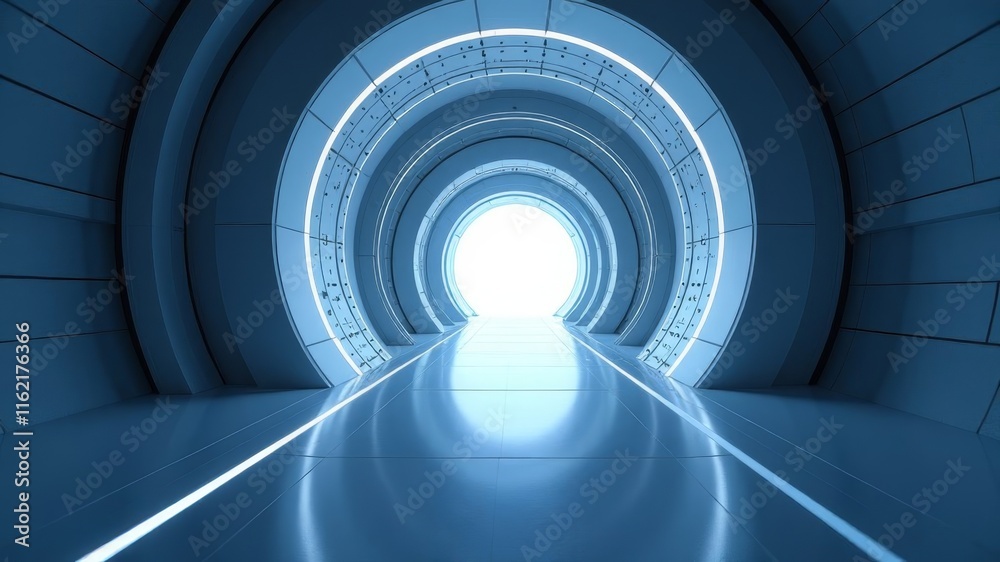 round bright futuristic corridor with a round exit at the end round bright futuristic corridor with a round exit at the end