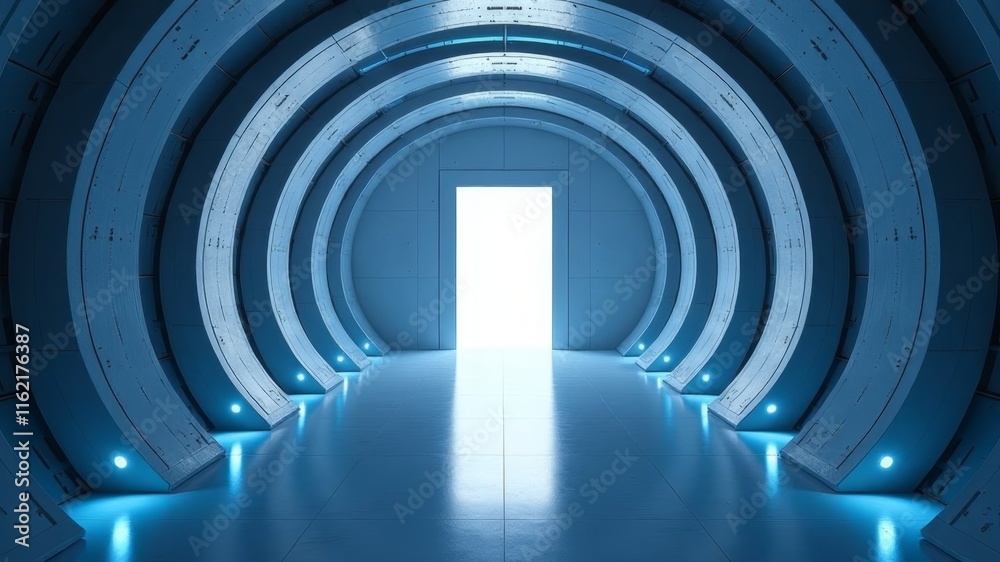 Fototapeta premium round bright futuristic corridor with a door at the end