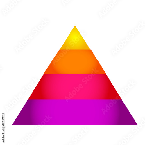 Infographic hierarchical statistical illustration of yellow with orange with purple and red triangle divided, Pyramid shape four layers for presenting business ideas or disparity
