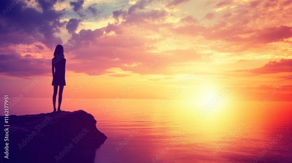 Person at Cliff Enjoying Ocean View at Sunset Person at Cliff Enjoying Ocean View at Sunset