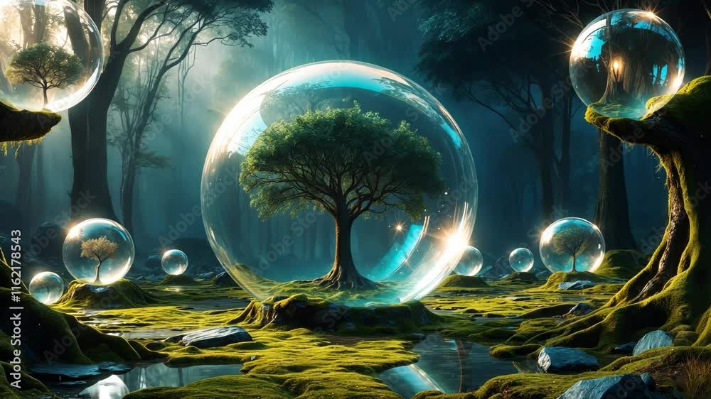 Video footage of mystical forest with trees encased in transparent bubbles, illuminated by ethereal light, creating a surreal and enchanting atmosphere