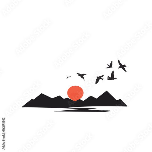 Sunset over mountains with flying birds