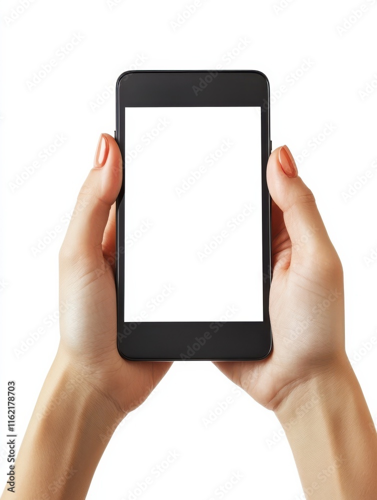 Female hands holding modern cellphone. Close up of woman hands holding smart phone with blank screen. Empty smartphone white screen ready for your app to be placed isolated on white background. Female hands holding modern cellphone. Close up of woman hands holding smart phone with blank screen. Empty smartphone white screen ready for your app to be placed isolated on white background.