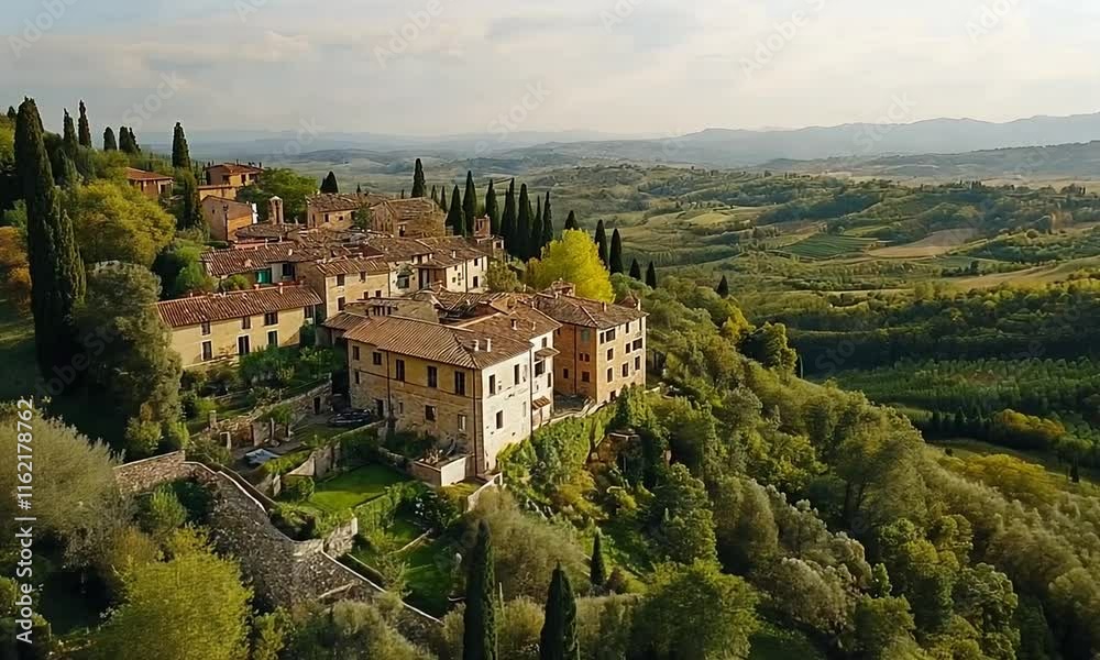 Serene Aerial View of Scenic Tuscan Village Nestled Among Lush Green Hills and Cypress Trees Under Clear Blue Sky Serene Aerial View of Scenic Tuscan Village Nestled Among Lush Green Hills and Cypress Trees Under Clear Blue Sky