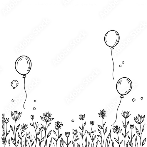 Balloons floating above flowers in a black and white sketch