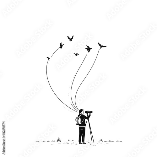 Photographer capturing flying birds in open field