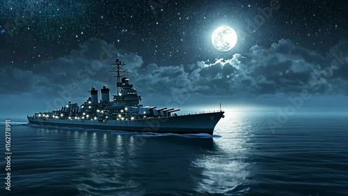 Warships navigating the open sea under night sky. photo