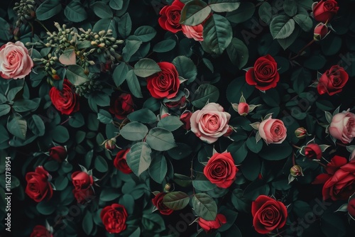 Natural fresh red roses flowers pattern wallpaper. top view, Red rose flower wall background. MZ