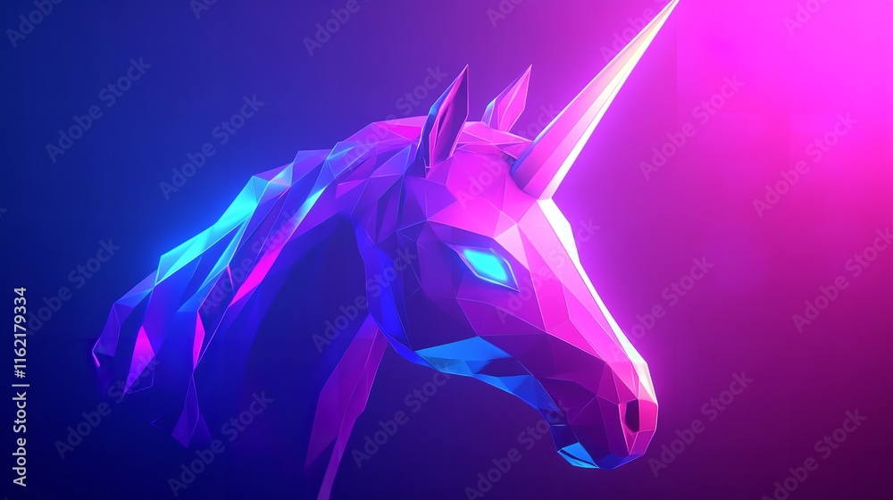 Fototapeta premium Neon glowing wireframe horse head against a purple background.
