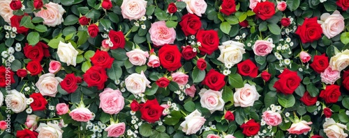 Natural fresh red roses flowers pattern wallpaper. top view, Red rose flower wall background. MZ