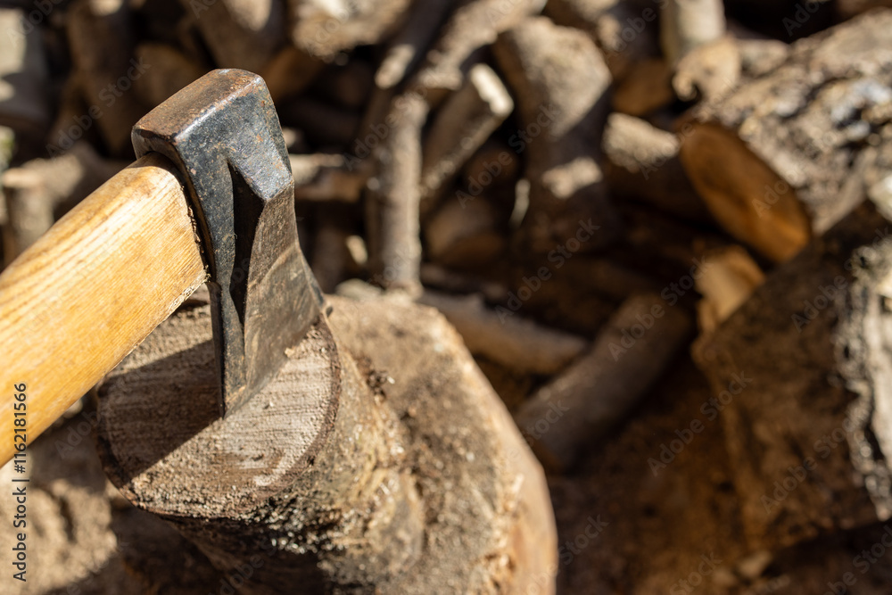 A close-up of a well-used axe with a wooden handle, firmly embedded in a thick chopping block. A close-up of a well-used axe with a wooden handle, firmly embedded in a thick chopping block.