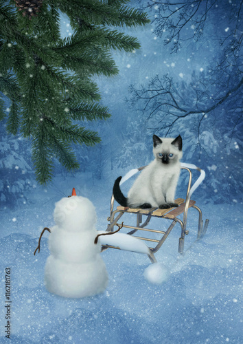 Siamese kitten sitting on a sled in a winter forest looks at a snowman with surprise. Digital art.