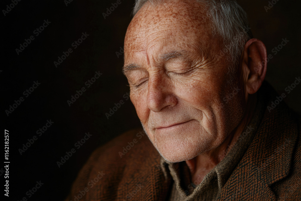 Obraz premium Close-up portrait of a serene elderly man with eyes closed, showcasing the texture of his aged skin and peaceful expression.