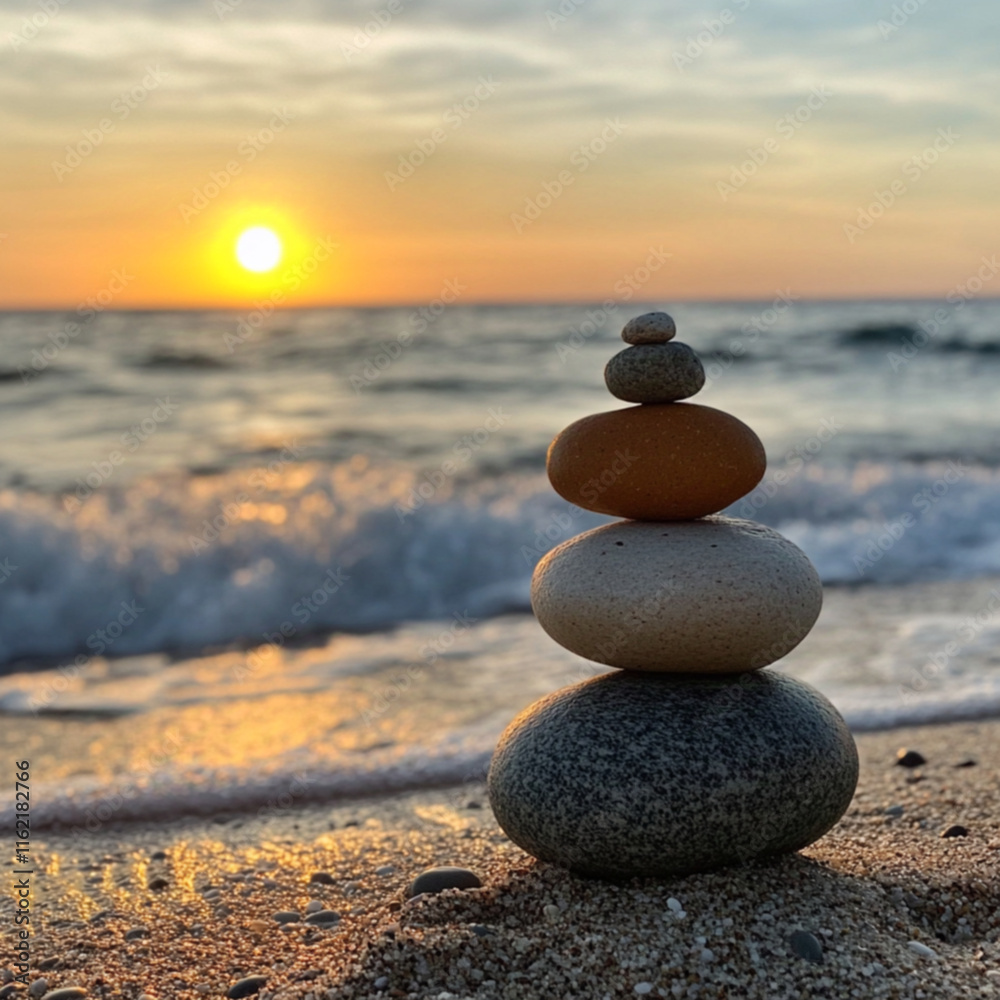 Fototapeta premium A serene image of balanced stones stacked on a beach at sunset, with waves gently lapping against the shore. The soft light and harmonious composition evoke feelings of balance, calm, and harmony.