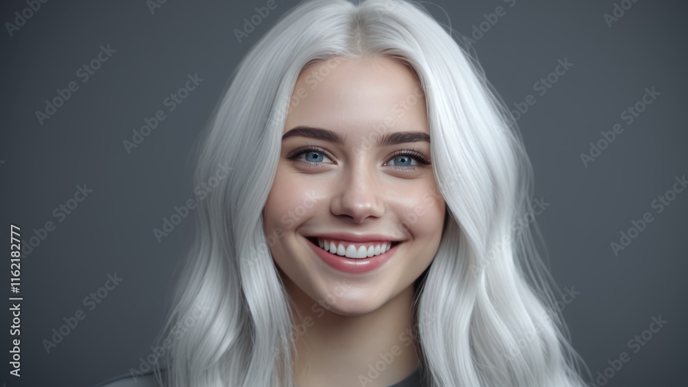 Naklejka premium smiling girl close-up with white hair looking at camera on gray background