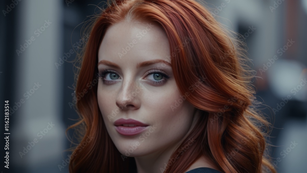 redhead woman looking at camera on street